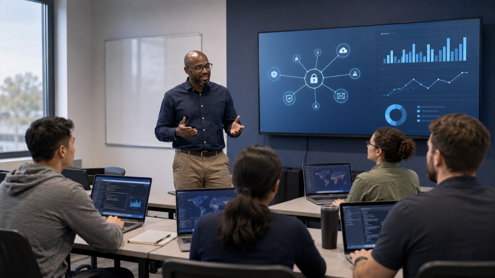Hands-on cybersecurity training: instructor-led session with laptops and security dashboards Cybersecurity instructor leading an adult technical training session with students using laptops